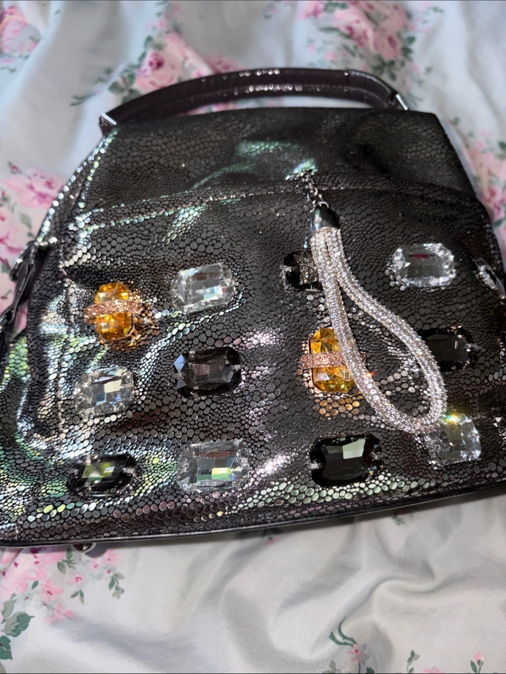 Women's Jeweled Metallic Satchel Handbag - Silver - Picture 2 of 12